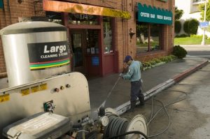 Using a water reclamation system, staff pressure wash city sidewalks with non-potable water from the Santa Monica Treatment Plant.